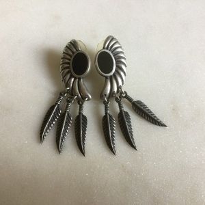 Signed Vintage Pewter Onyx Feather Earrings